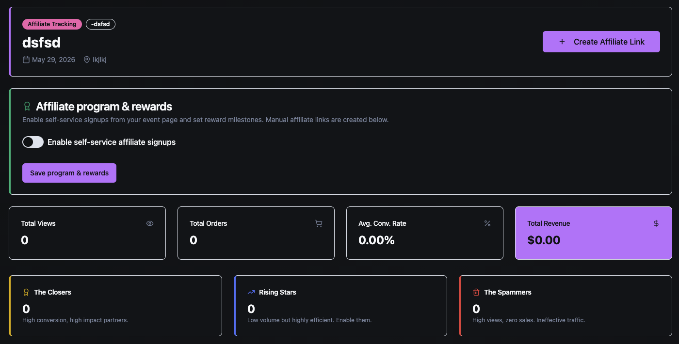 Ticket Fuze web app — affiliate and self-serve affiliate management