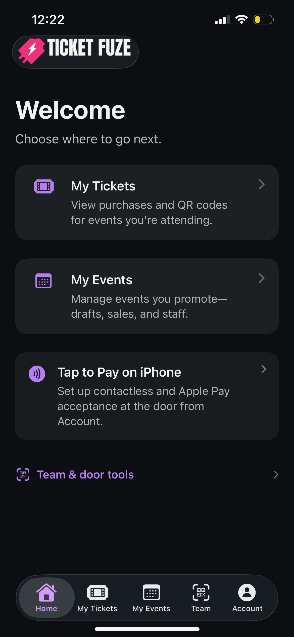 Ticket Fuze iOS app — promoter dashboard on iPhone