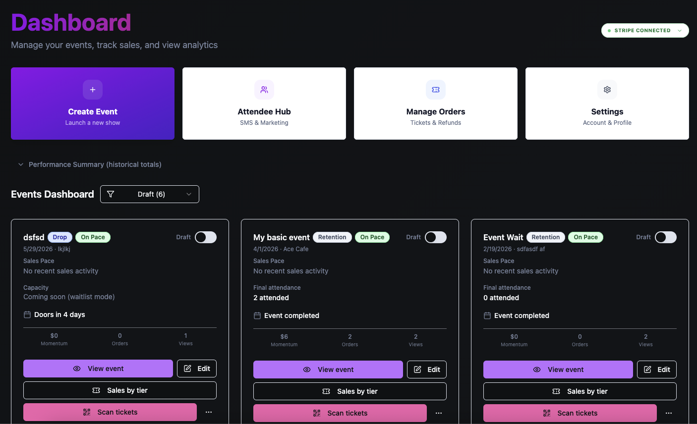 Ticket Fuze web app — My Events dashboard listing upcoming shows